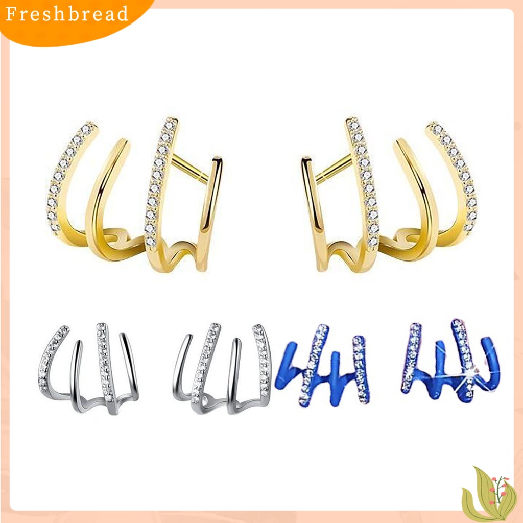 &lt; Freshbread &gt; 1pasang Berlian Imitasi Bersinar Ear Studs Pengerjaan Halus Kreatif Berbentuk U Empat Baris Wanita Anting Perhiasan Aksesoris