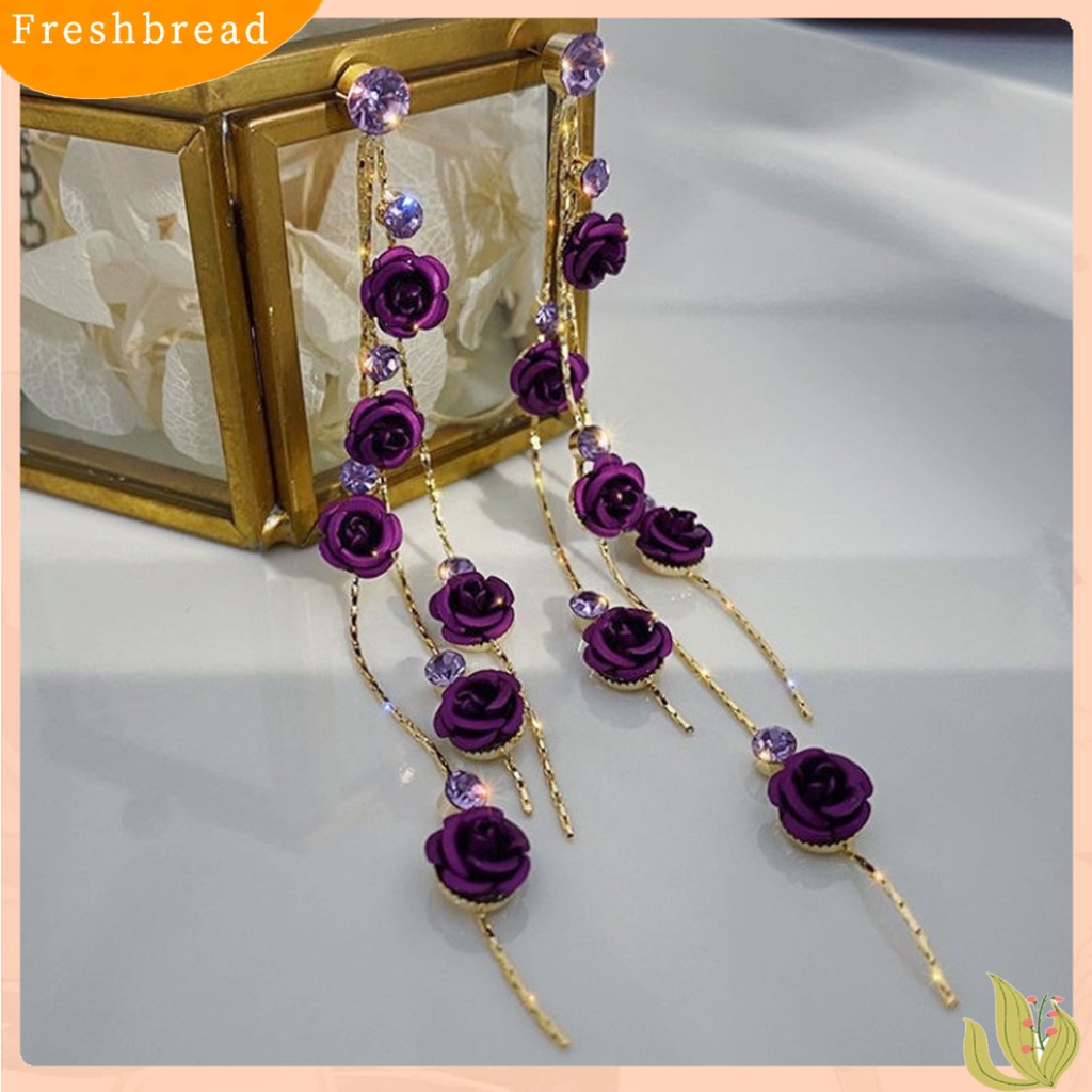 &lt; Freshbread &gt; 1pasang Berlian Imitasi Mengkilap Elegan Wanita Anting Bunga Mawar Panjang Rumbai Drop Earrings Perhiasan Pesta