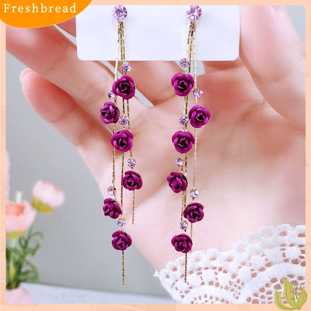 &lt; Freshbread &gt; 1pasang Berlian Imitasi Mengkilap Elegan Wanita Anting Bunga Mawar Panjang Rumbai Drop Earrings Perhiasan Pesta