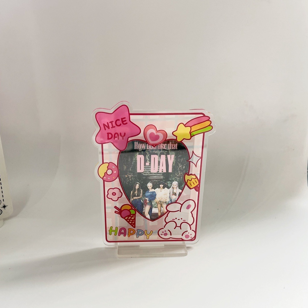 Tempat Kartu Akrilik 3inch Cute Bunny Bingkai Foto Kpop Idol Photocard Desktop Display Frame Kartun Case Pelindung