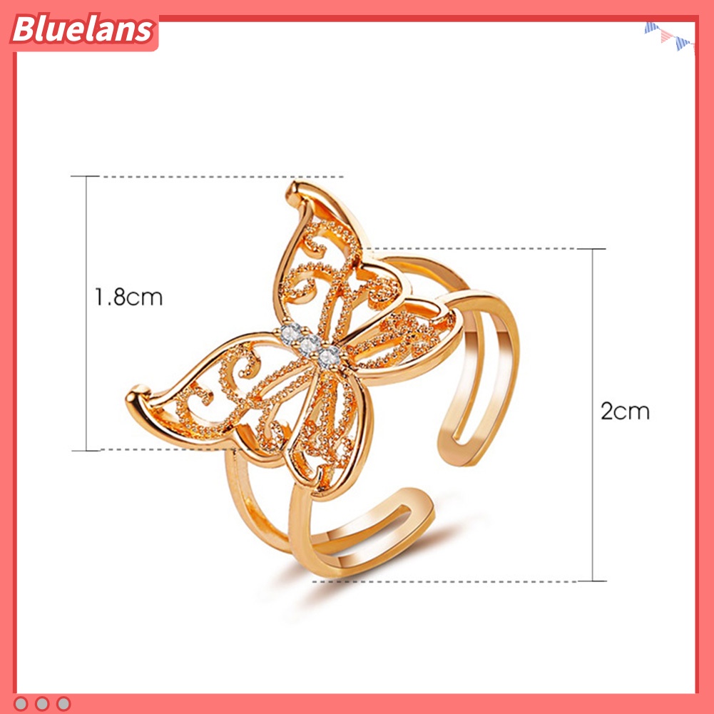 {In Stock} Fashion Wanita Berongga Kupu-Kupu Berlian Imitasi Pembukaan Lebar Jari Cincin Perhiasan Pesta