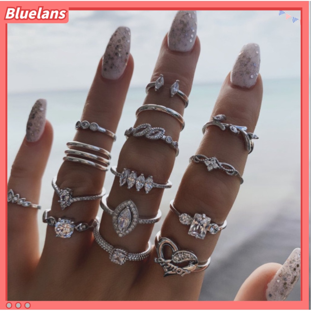 {In Stock} 15Pcs/Set Boho Wanita Berlian Imitasi Daun Hati Geometris Jari Cincin Perhiasan Hadiah