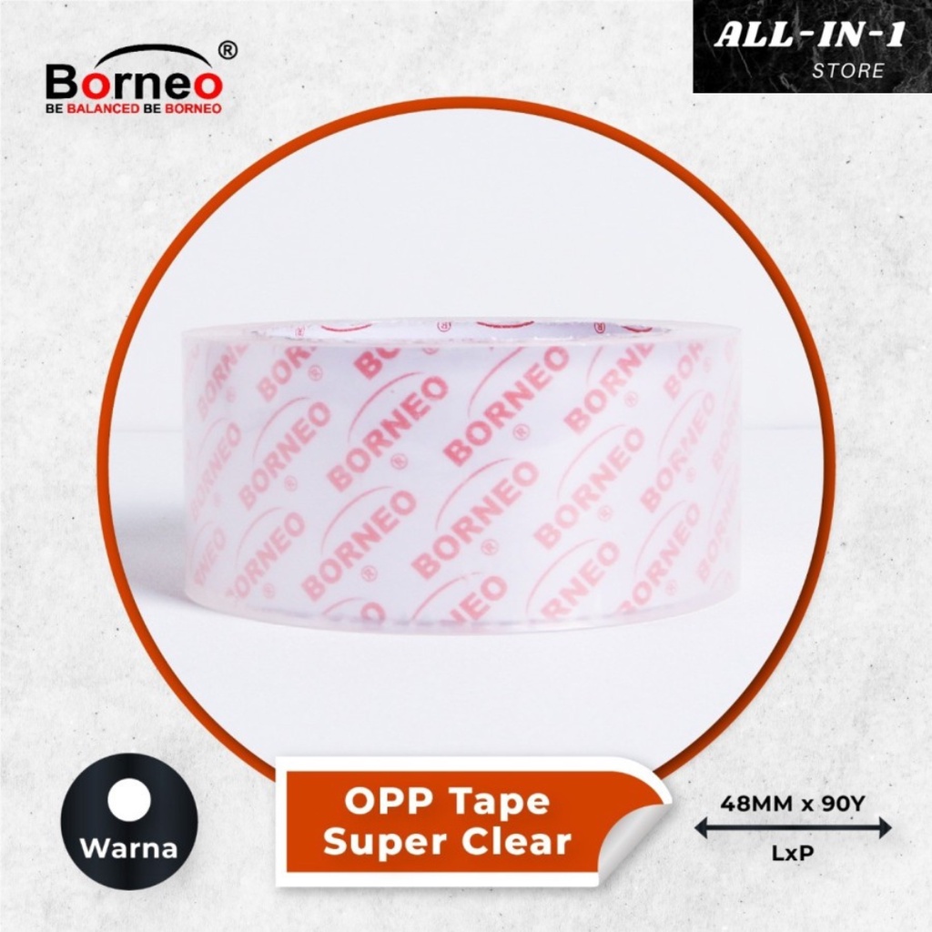 

Borneo Lakban OPP Warna Super Bening Ukuran 48mm x 90 Yard, Solasi, Isolasi Kuat