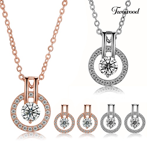 Twowood Women's Zircon Round Pendent Choker Rantai Kalung Anting Set Perhiasan Pernikahan