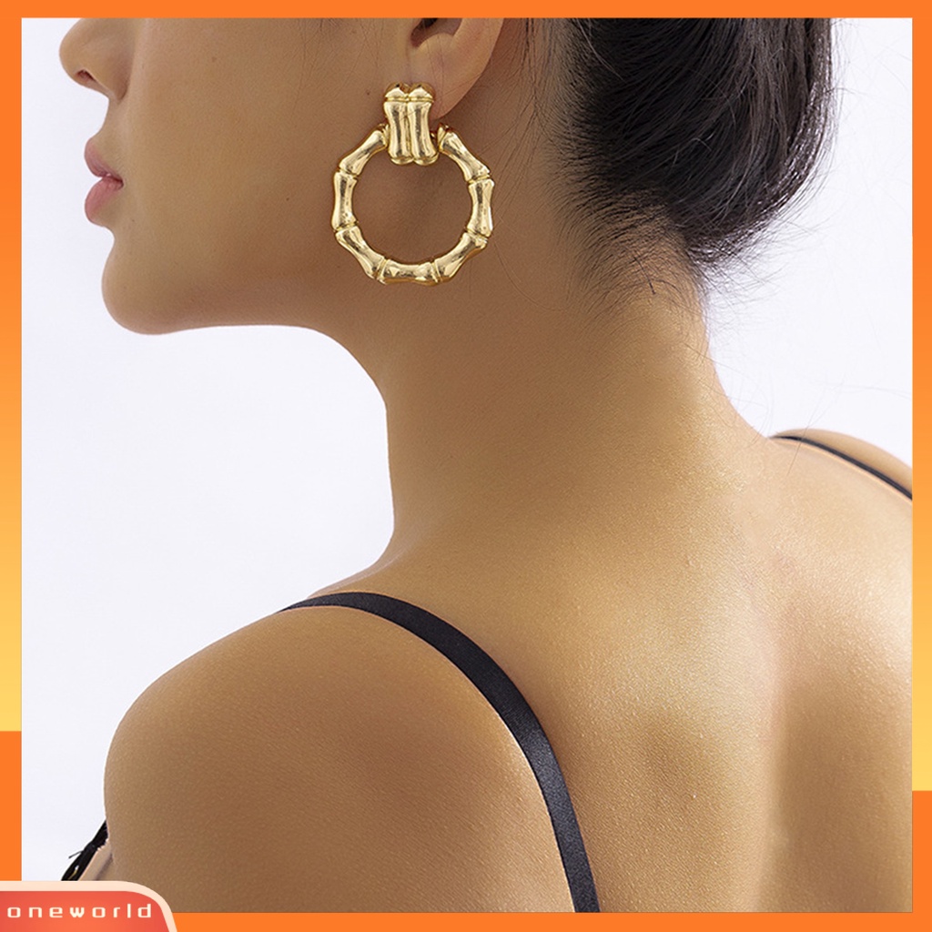 [OWR] 1pasang Anting Pejantan Geometris Electroplating Glossy Minimalis Liontin Telinga Hiasan Colorfast Bulat Bambu Telinga Hoop Earrings Perhiasan Aksesori