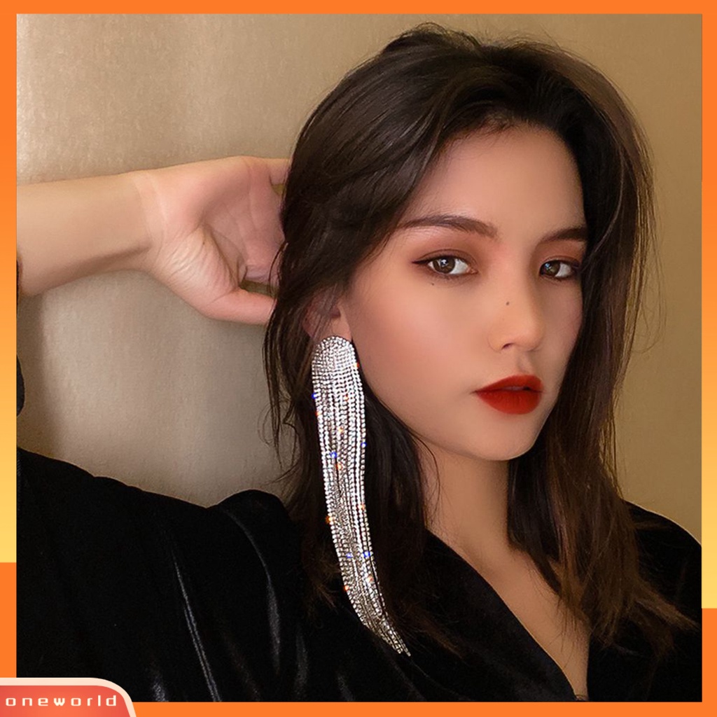 [OWR] 1pasang Drop Earrings Shiny Panjang Rumbai Penuh Berlian Imitasi Temperamen Berkilau Berdandan Hadiah Wanita Menjuntai Anting Pesona Perhiasan Aksesori Busana