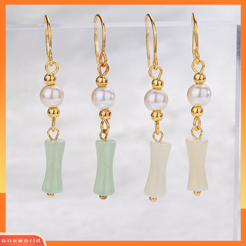 [OWR] 1pasang Anting Menjuntai Manik-Manik Mutiara Imitasi Gaya China Faux Hetian Jade Bamboo Joint Hook Earrings Aksesoris Perhiasan