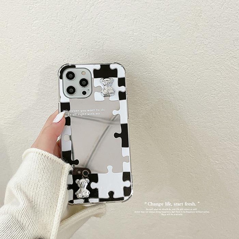 IPHONE 3d Electroplated Bear Warna Kontras Puzzle Phone Mirror Case Cover Untuk Iphone7 8 PLUS X XR XS 11 12 13 MINI PRO MAX SE 2020