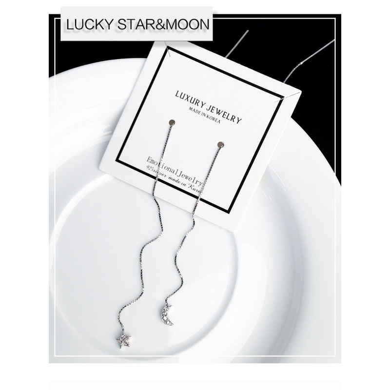 Goldkingdom Aksesoris Perhiasan Fashion Ready Stock Bintang Bulan Berlian-Ukir Garis Telinga Wanita Panjang Rumbai Temperamen Anting Asimetris