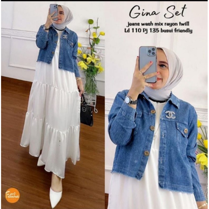 GAMIS WANITA TERBARU 2022/GAMIS MEWAH FASHION/GAMIS KATON MIX JEANS PREMIUM/ GAMIS GINA SET KARDIGAN