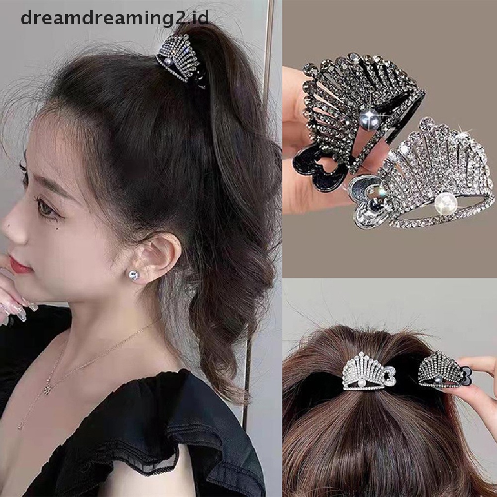 (hot) 1 Pcs Baru Mahkota Mutiara Berlian Imitasi Jepit Rambut Ponytail Tinggi Hiu Rambut Klip//