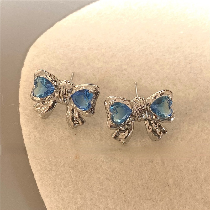 Dreamy Mercury Hati Biru Zirkon S925 Perak Disepuh Stud Earrings Ins Bow Knot Ear Studs