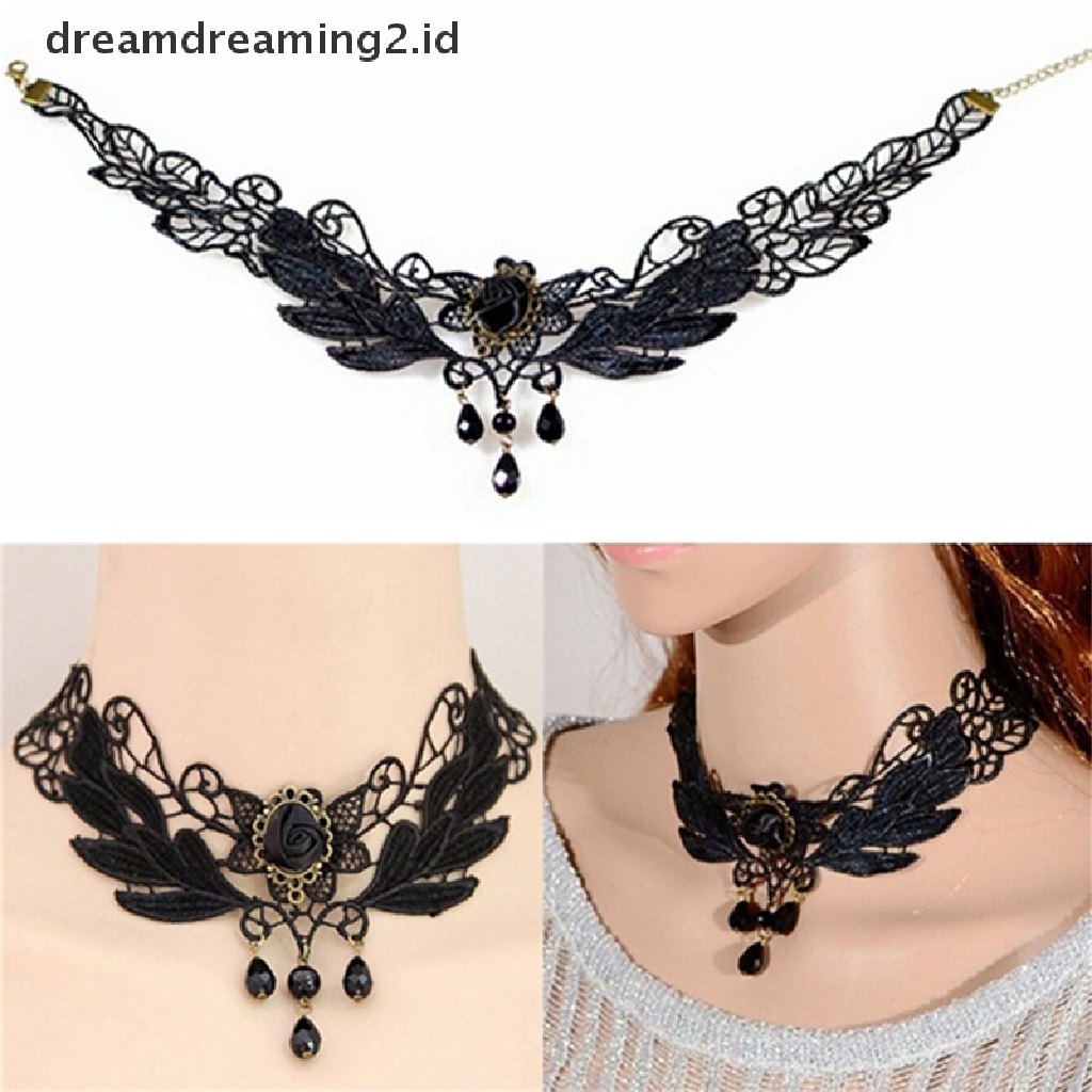 (hot) Baru Wanita Hitam Mawar Teardrop Manik Liontin Renda Choker Lolita Kerah Kalung//