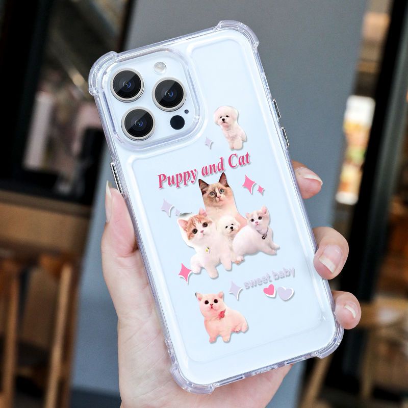 IPHONE Soft Shockproof Case Kompatibel Untuk Iphone11 14 13 12 Pro XS Max X XR 7+8 6 6S Plus Casing Kucing Lucu Transparan TPU Unik Tombol Cover Pelindung Kamera