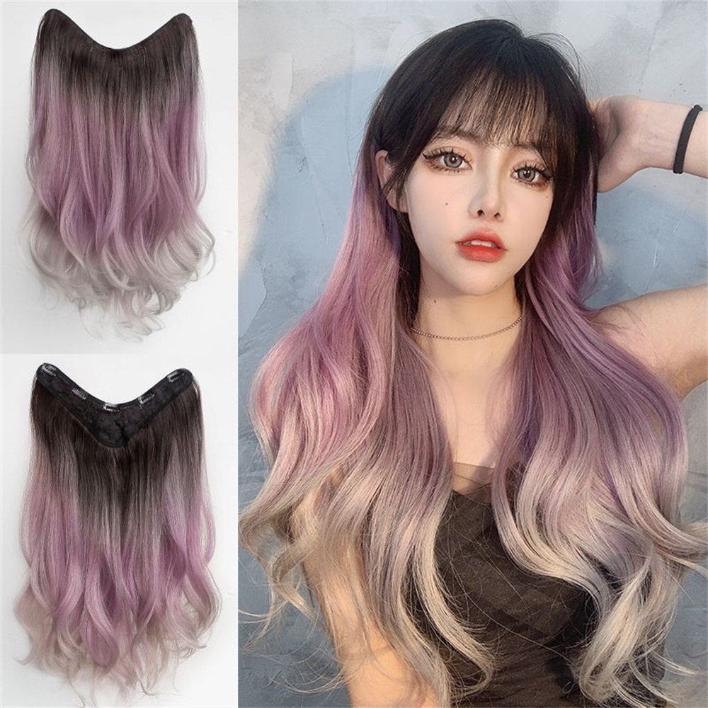 Gradien Warna Wig Potongan Wanita Panjang Keriting Ungu Abu Ponytail Wig Rambut Ekstensi