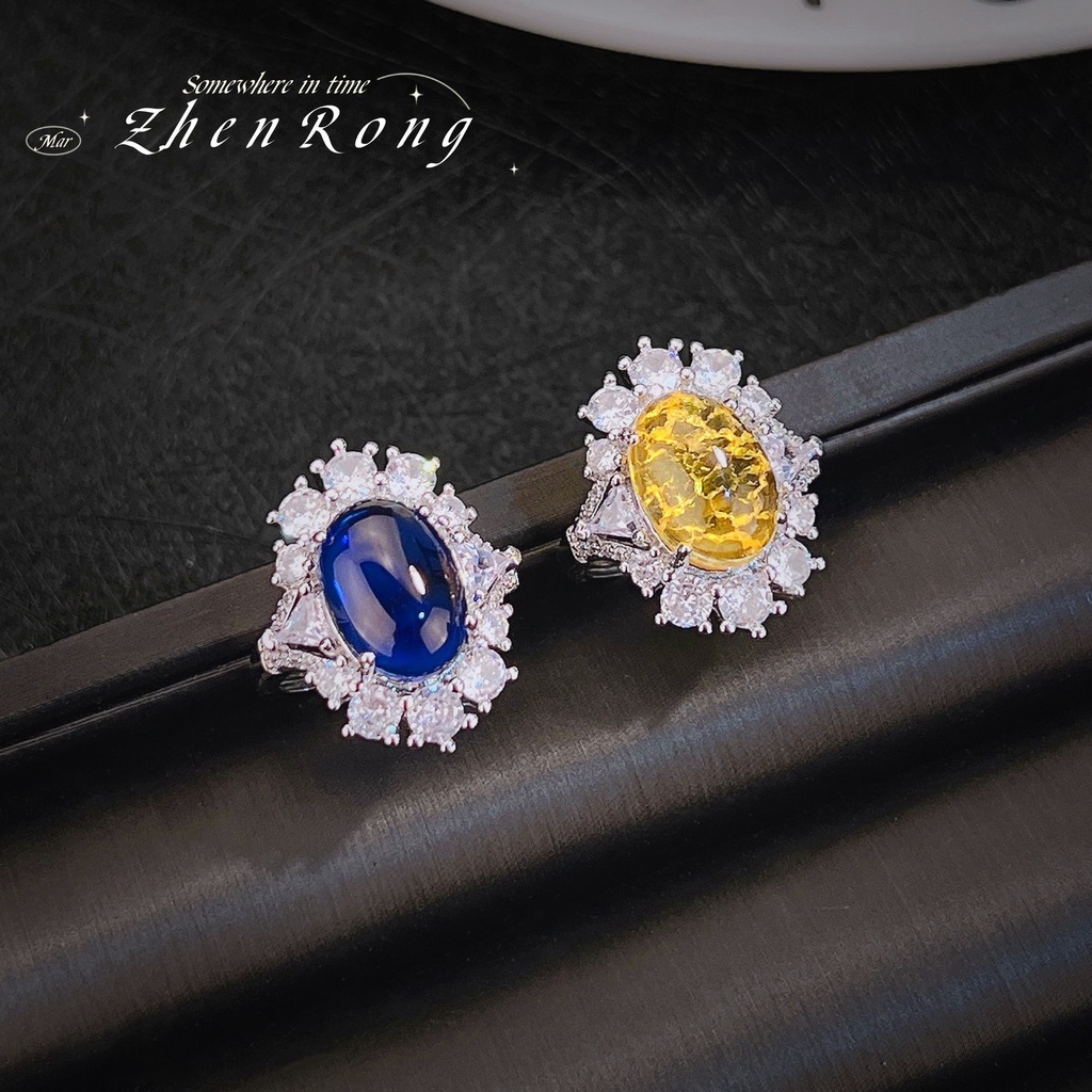 Goldkingdom Fashion Perhiasan Aksesoris Ready Stock French Retro Polos Royal Blue Permata Cincin Berlian Imitasi Penuh Es Kuning Berlian Cincin Gadis