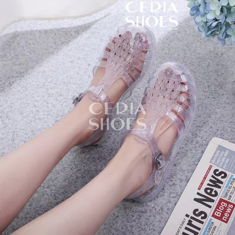 Sandal Jelly Shoes Wanita Transparant Meisha Bahan Karet Elastis Dengan Tali Pengait Tali Belakang 03