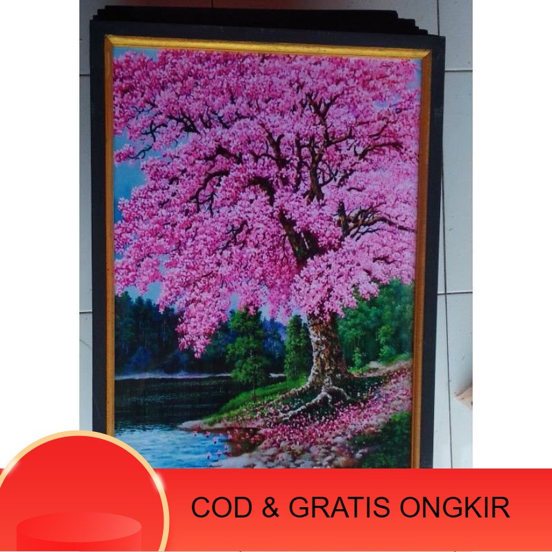 Lukisan cetak hiasan dinding poster plus bingkai gambar bunga sakura ukuran 100 x 50