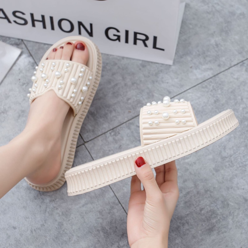 GROSIRTAS TG1715 Sandal Wedges Wanita Slipper Garis Mutiara Import Anti Slip mpuk Trend Terbaru