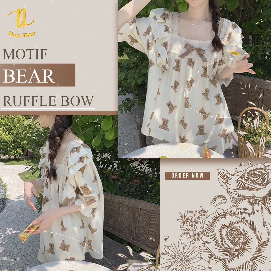 CJSW-B01 TINO TINO SET PIYAMA BAJU TIDUR WANITA JUMBO IMPORT MOTIF BEAR RUFFLE BOW/ BAJU TIDUR WANITA LENGAN PENDEK MURAH