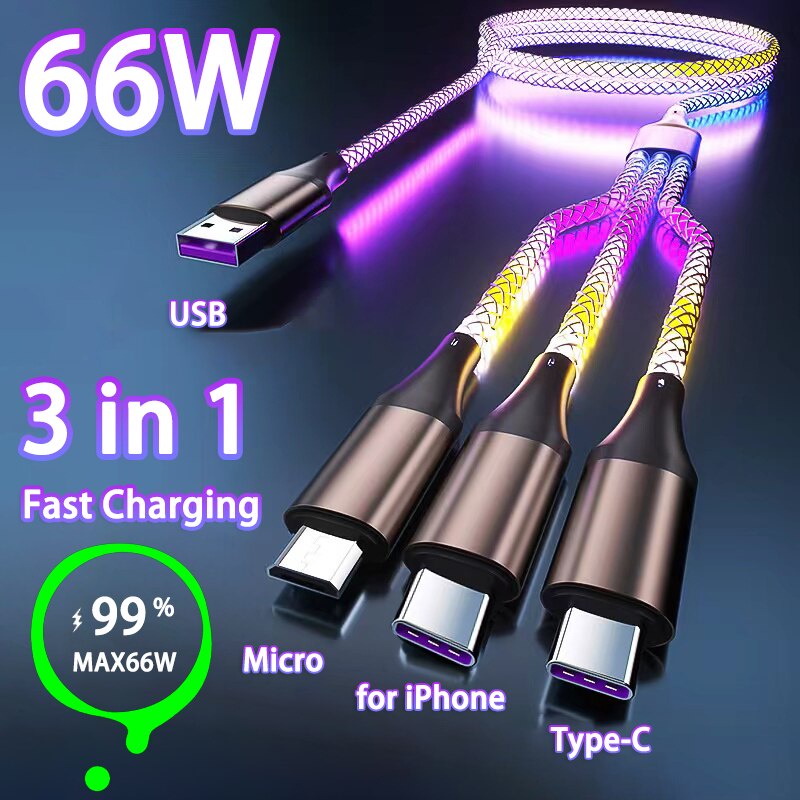 Kabel Data RGB 3in1 Mobil Luminous Breathing Gradient Pengisian Super Cepat Untuk Handphone iPhone Android Type-C