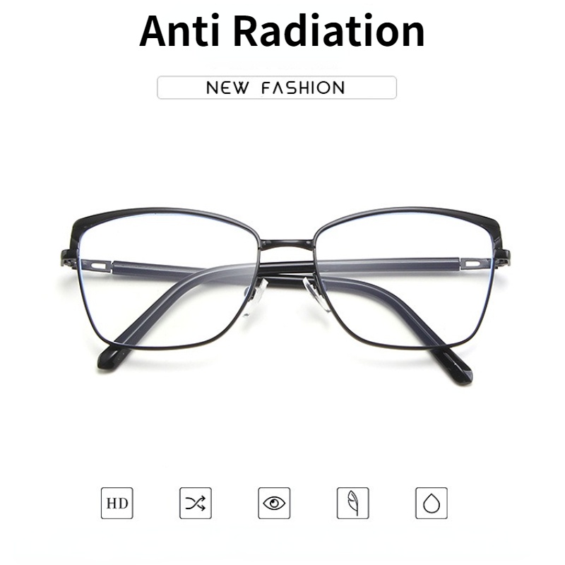 (YUZHU) Vintage Fashion Bingkai Alis Logam Cat Eye Eyeglasses Western Fashion Anti Blue Light Eyeglasses Untuk Wanita