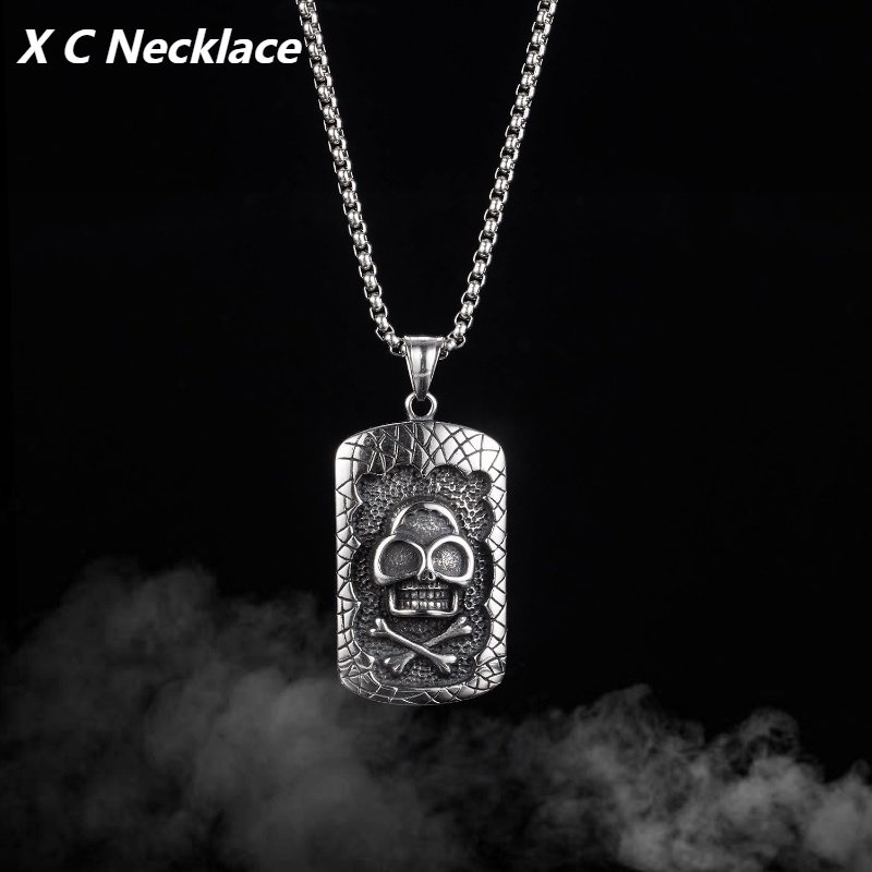 [X C Kalung] Baru Silvery Square Skull Head Titanium Steel Liontin Punk Hip Hop Stainless Steel Kalung Hadiah Pesta Ulang Tahun Untuk Pria Dan Wanita