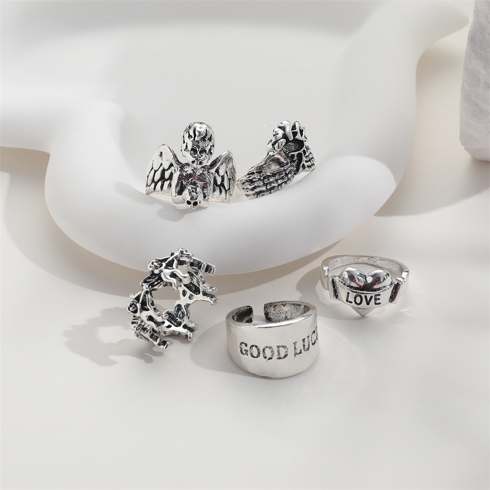 Gothic Punk Fashion Berlebihan Cupid Kerangka Tangan Cincin Set Untuk Pria Cinta Keberuntungan Cincin Perhiasan Hadiah Pesta