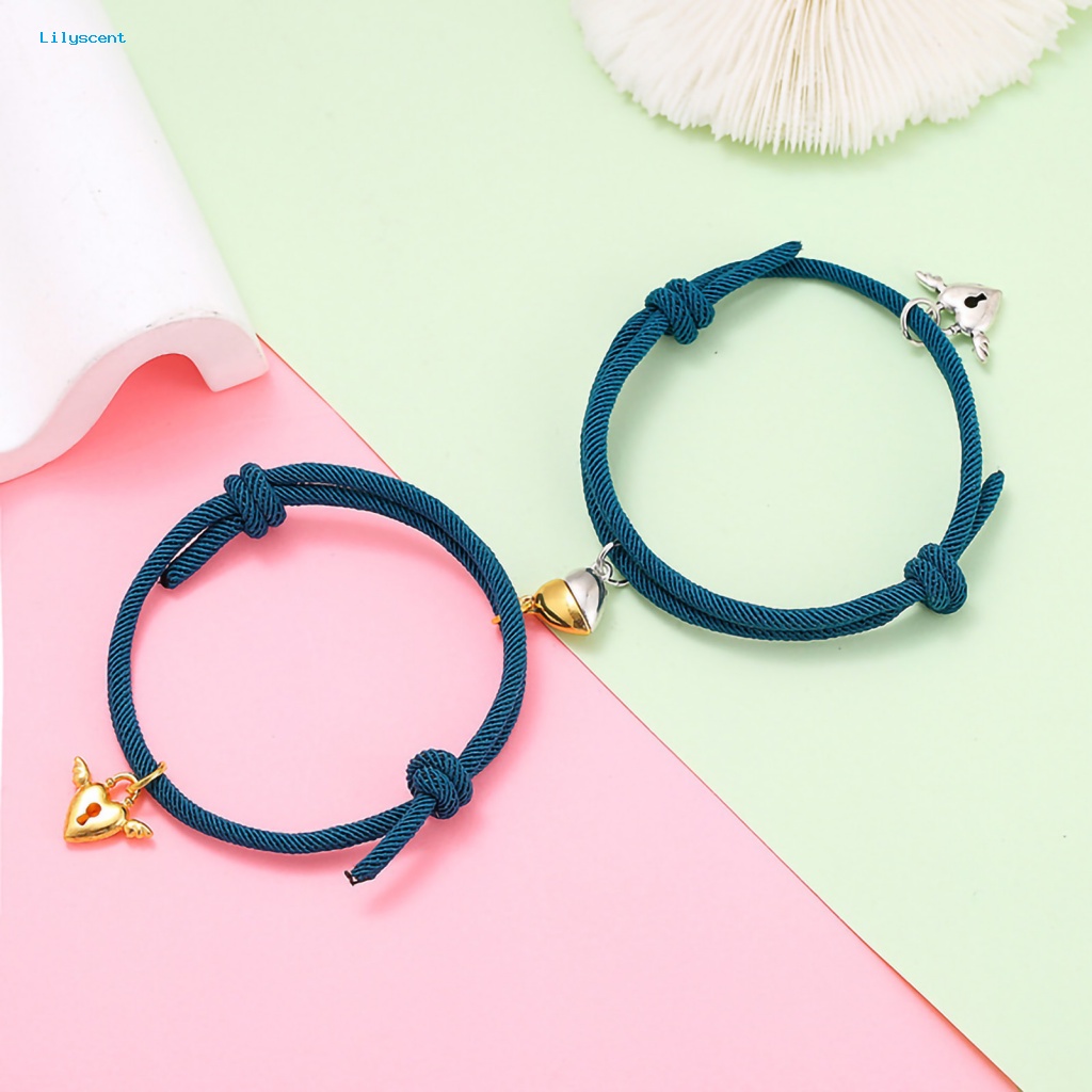 Lilyscent 1pasang Gelang Pasangan Elastis Aksesori Perhiasan Berbentuk Hati Jarak Magnet Atraksi Bracelets Nylon Hand Strap