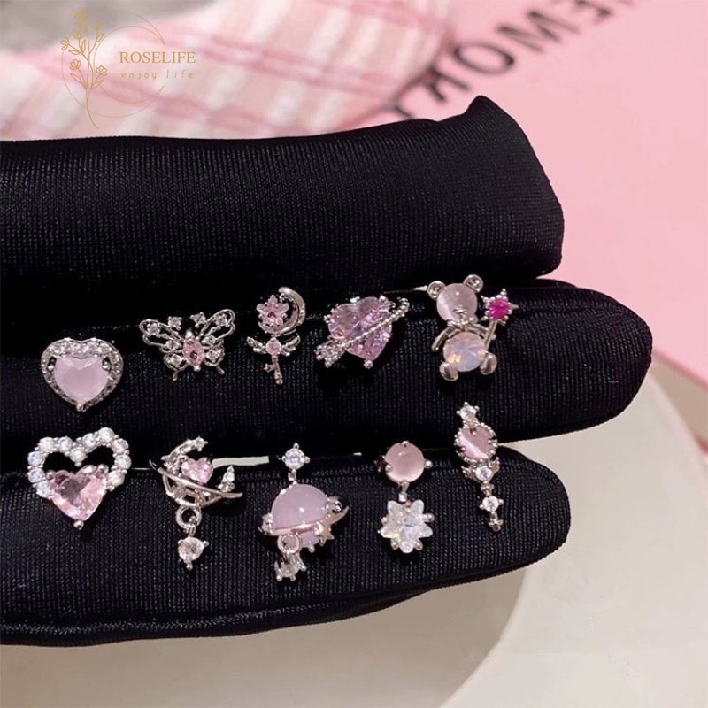 Roselife Korea s925 Perak Bersinar Zirkon Merah Muda Opal Hati Beruang Stud Anting-Anting Untuk Wanita Perempuan Elegan Tindik Kristal Sekrup Anting-Anting Trendi Telinga Perhiasan Hadiah