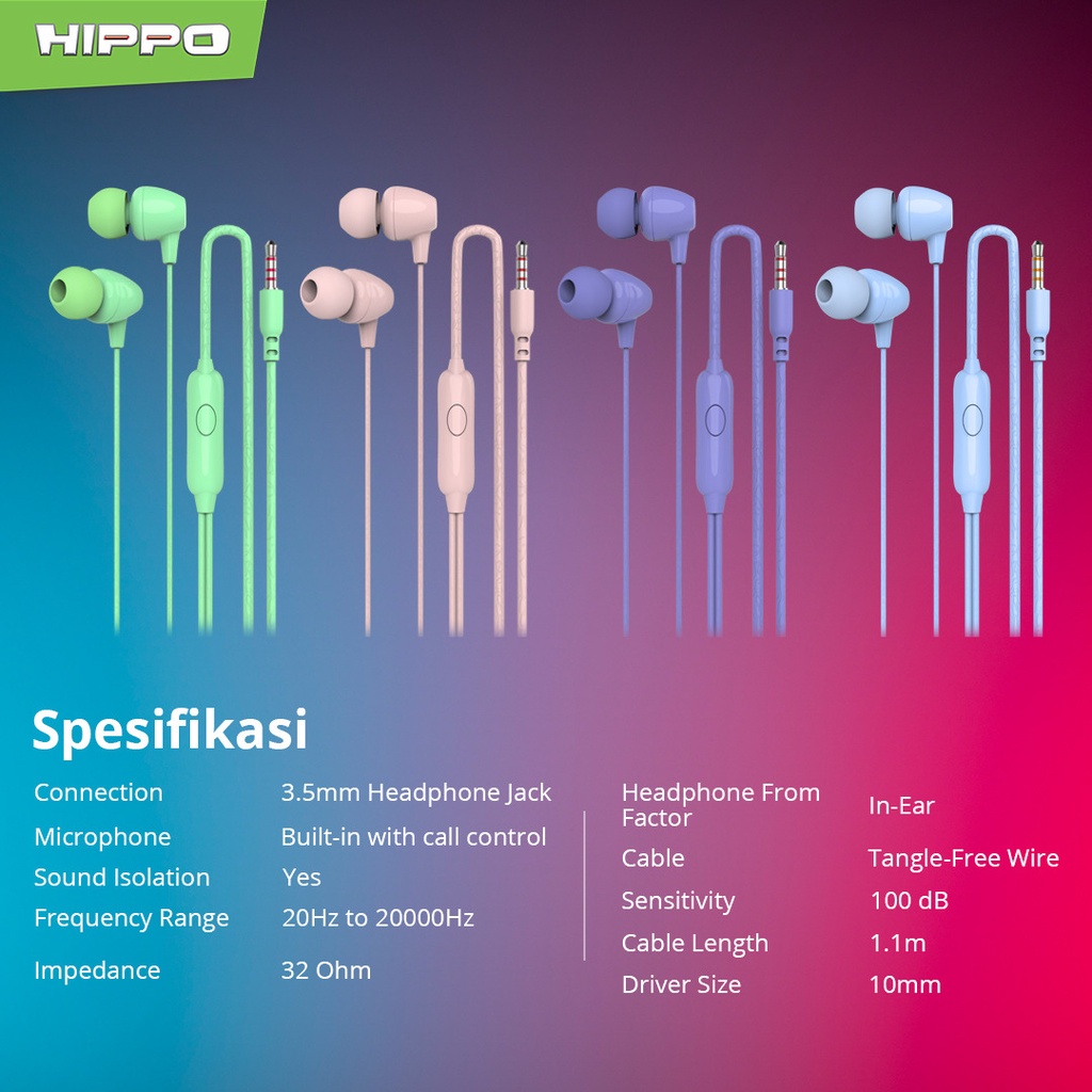 Hippo Earphone Funky Neo Macaroon Super Bass Jack 3.5mm Wired Handsfree Android Original Earbuds Headset