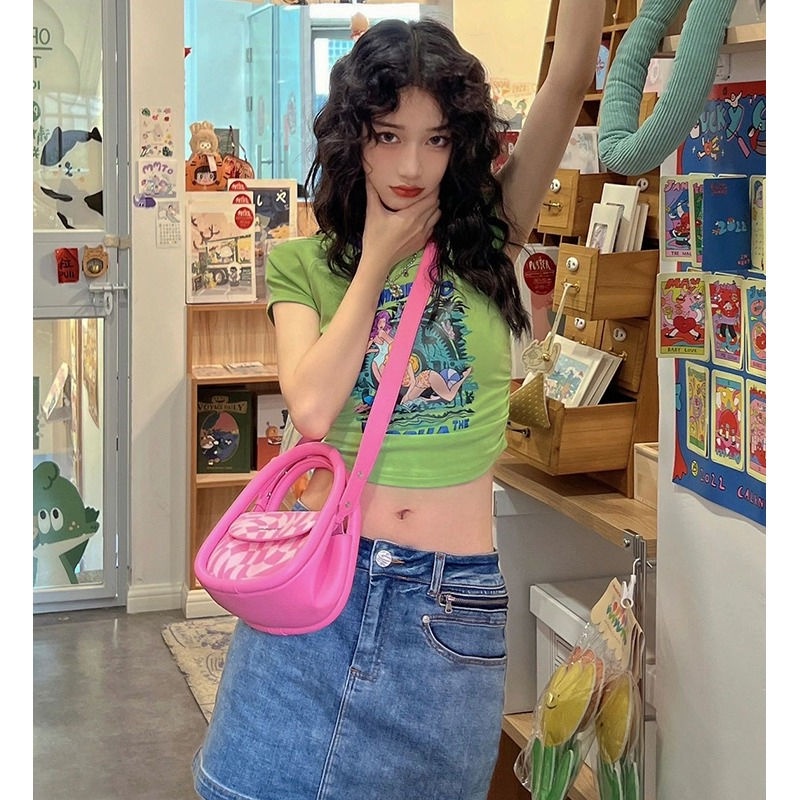 Red Katun pendek anime gadis lengan pendek t-shirt wanita musim panas di American retro chic rasa Hong Kong manis hot girl crop top