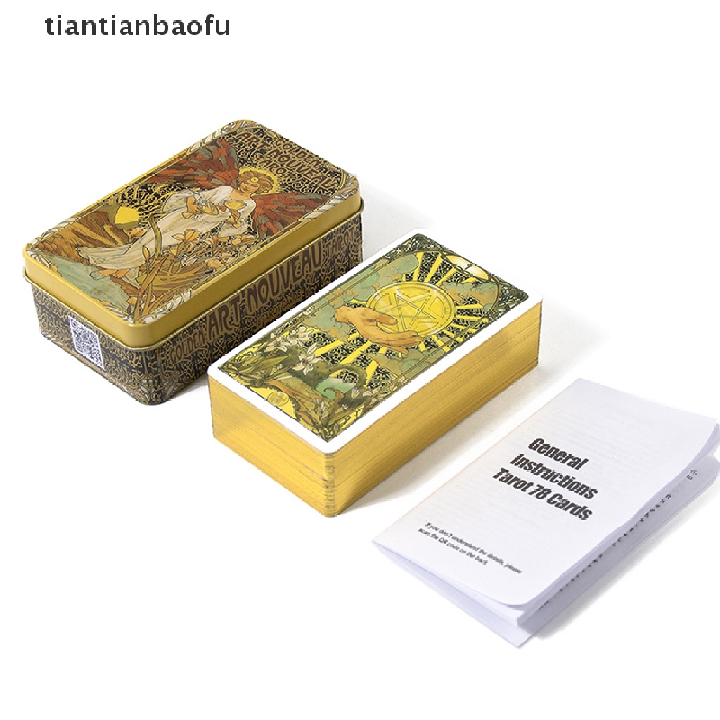 [tiantianbaofu] Tin Box Golden Art Tarot Card Ramuan Ramalan Deck Party Board Game w/Butik Manual