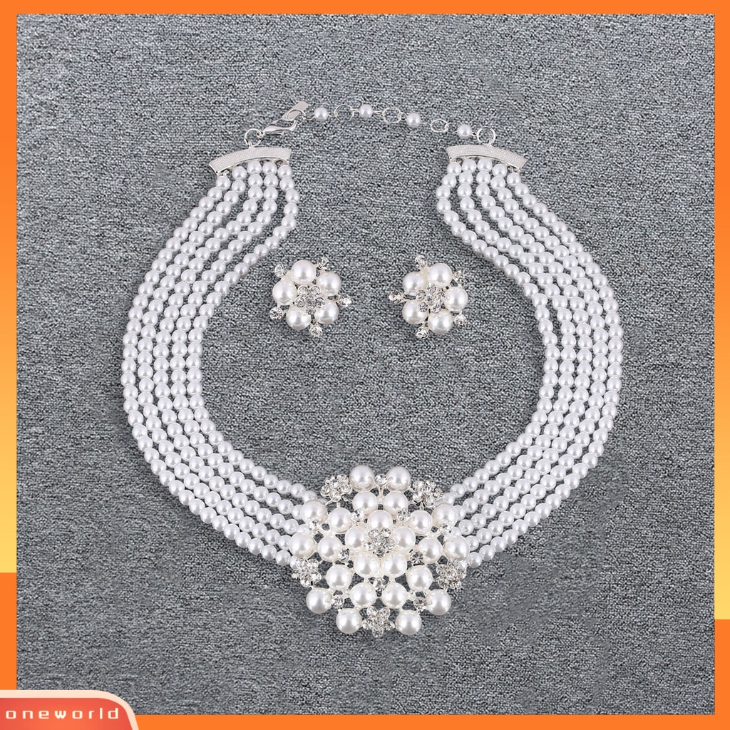 [ONE] 1set Kalung Anting Set High Gloss Mengkilap Terang Kilau Diikat Manik-Manik Mutiara Imitasi Bunga Pernikahan Pengantin Kalung Anting Perhiasan Hadiah