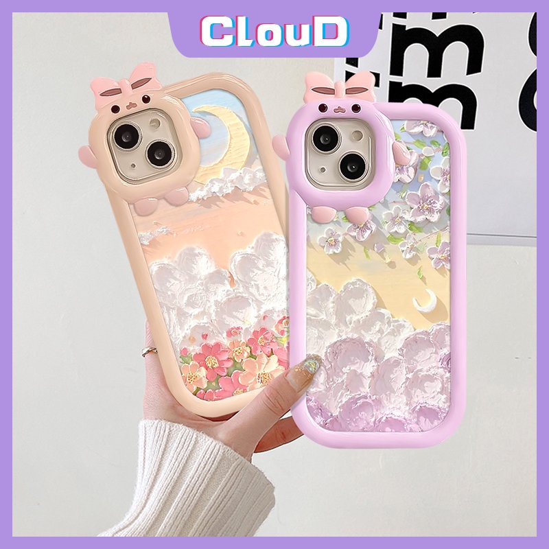 IPHONE Dicat Lukisan Minyak Bunga Bulan Telepon Case Kompatibel Untuk Iphone11 13 14 12 Pro Max 7Plus X XR XS Max 6s 14 8 7 6 Plus SE 2020 Lucu 3D Ikatan Simpul Kecil Lensa Monster Lembut Cover Tpu