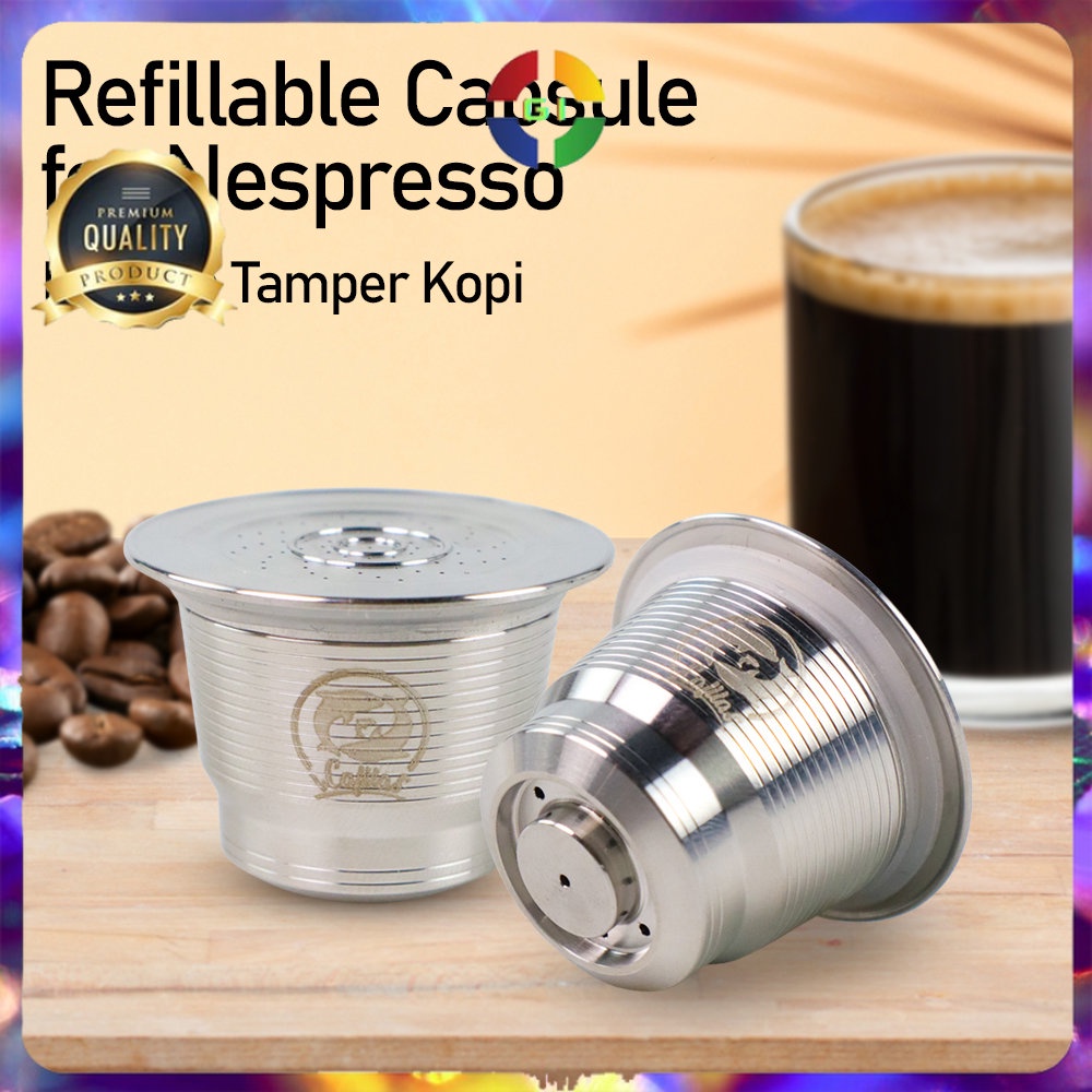 Aksesoris Penampung Bubuk Kopi Refillable Capsule Stainless Steel + Tamper for Nespresso Silver