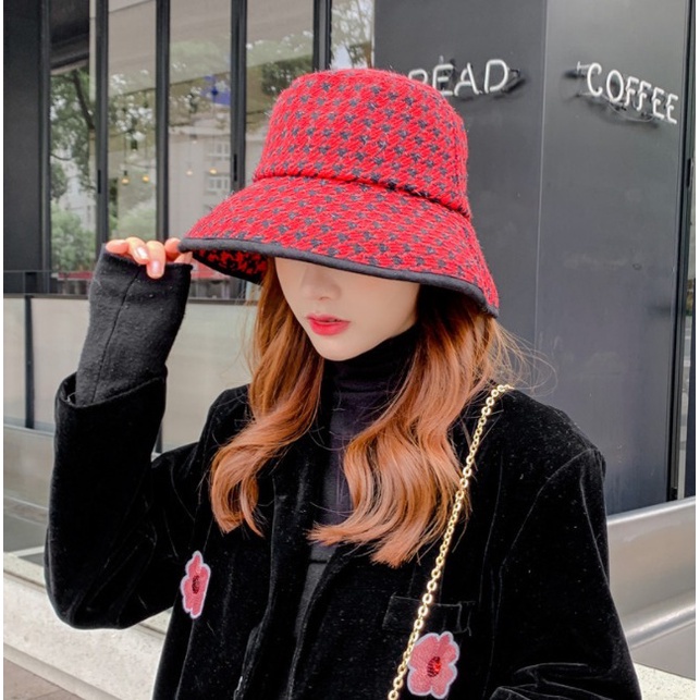 IMPORT NABILA WOMAN HOUNDSTOOTH BUCKET HAT WINTER AUTUMN SPRING KOREAN STYLE TOPI WANITA MUSIM DINGIN