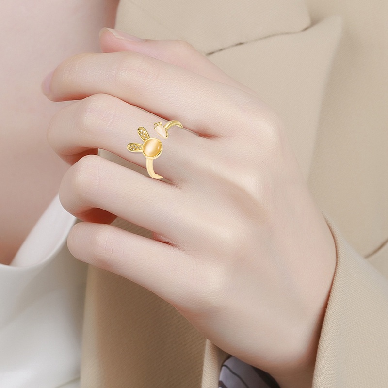 Opal Korea Baru Lucu Bunny Ring Fashion Temperamen Sederhana Joker Terbuka Cincin Tembaga Perhiasan Wanita