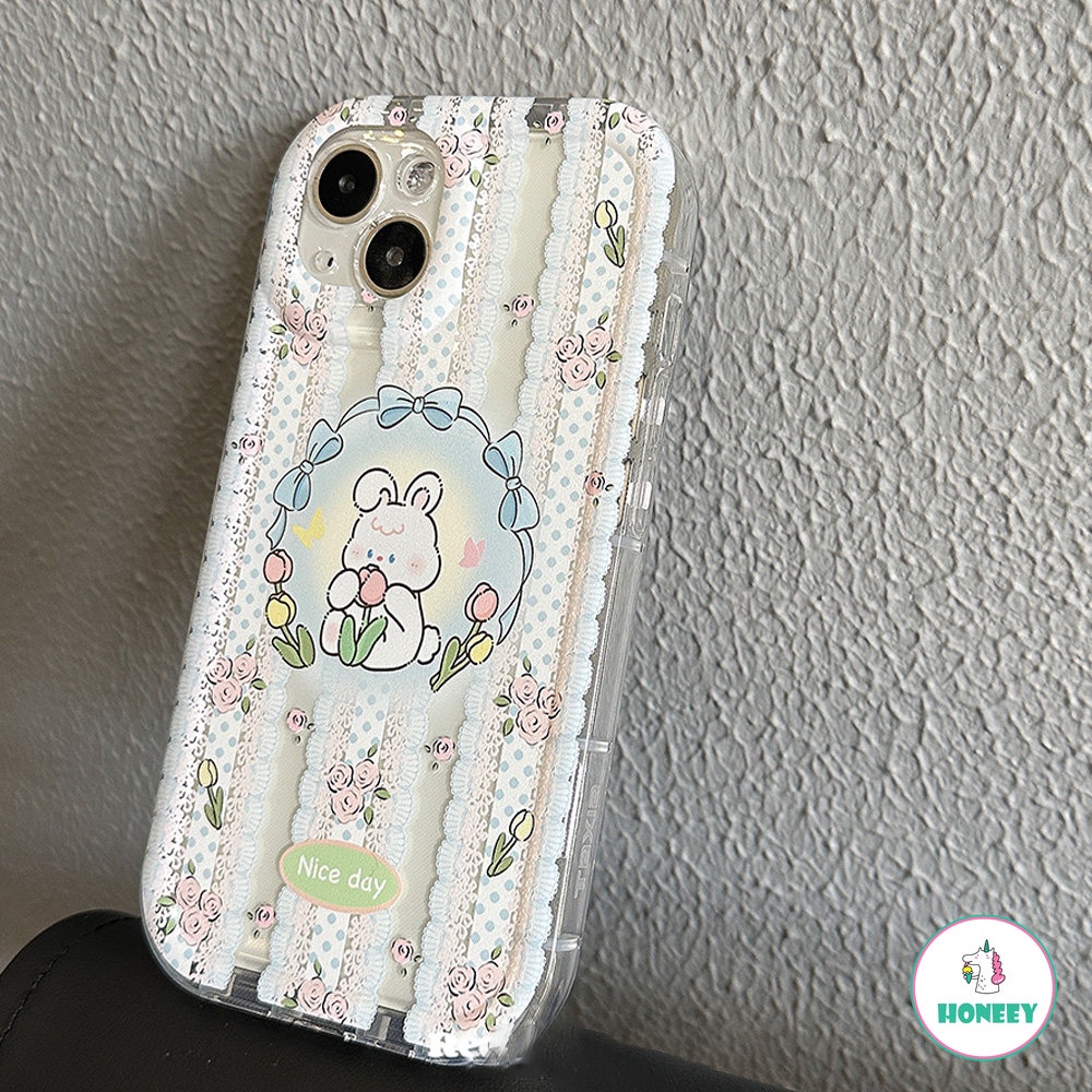 IPHONE Sweet Lace Rabbit Flowers Bracket Shell Phone Case Untuk Iphone14 13 12 11 Pro Max14 Plus Case Lucu Transparan Kartun Cover