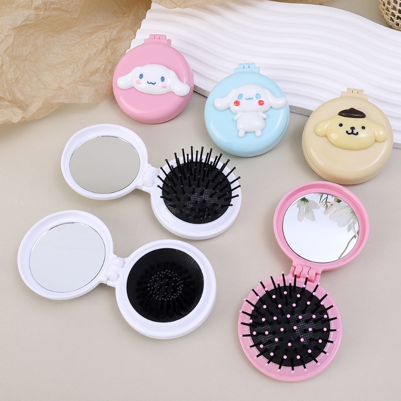 Sisir Bantal Udara Melingkar Kartun Dengan Cermin/Sikat Rambut Lipat Mini Portable/Sisir Airbag Pijat Lucu/Perlengkapan Travel Alat Styling Rambut