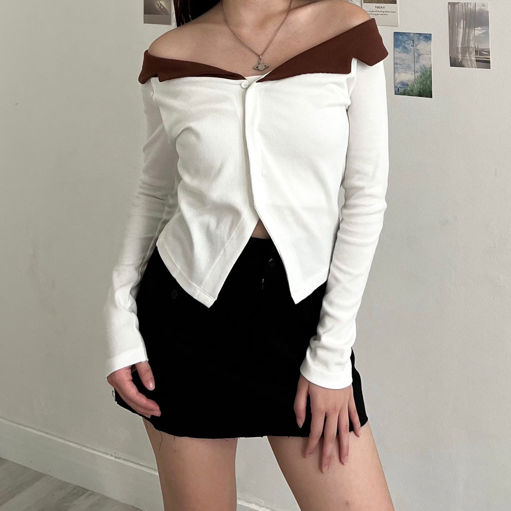 Amber Sabrina Long Sleeve Two tone Top