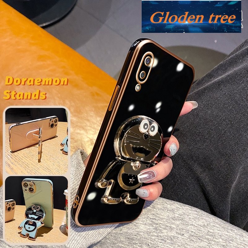 Gloden tree Casing Untuk Samsung galaxy A02 M02 Case Fashion Kartun Doraemon Lipat Stand Phone Case Electroplating Shockproof Phone Holder Case