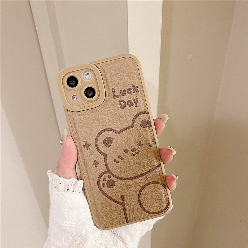 Leather Brown Little Bear Soft Silicon Case HP iP iPhone 7 8 14 + Plus SE 2020 X XS XR Max 11 12 13 Pro Max New FTD Casing Apple