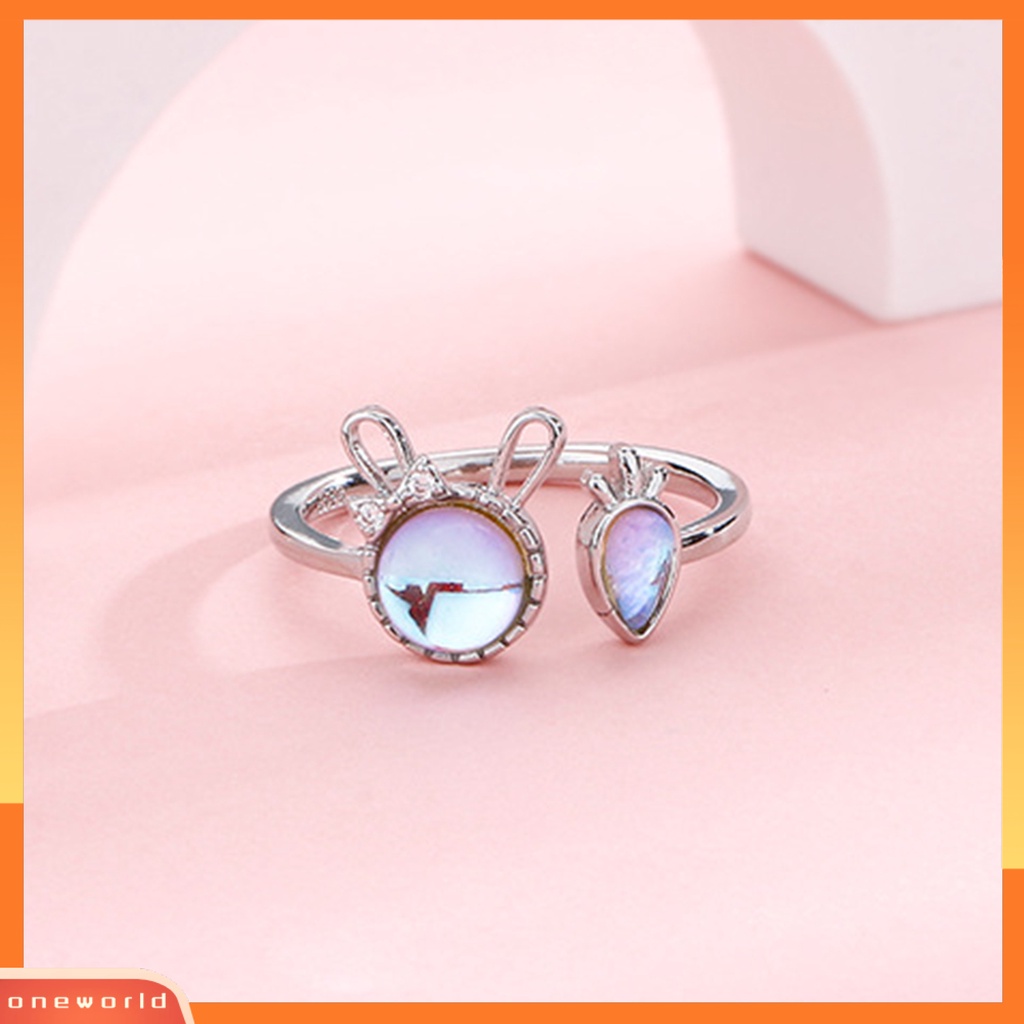 [EONE] Wanita Cincin Shiny Faux Moonstone Animal Element Adjustable Opening Design Hias Hadiah Kelinci Kecil Lobak Jari Cincin Perhiasan Pesta Untuk Pacaran