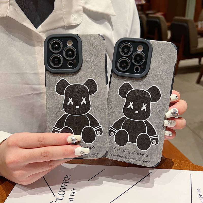 Cool Black XX Bear Skin Leather Soft Case IP IPhone 7 8 14 Plus 7+ 8+ X XR SE 2020 XS Max 11 12 13 14 Pro Max Phone Casing Women's Gift Kaws Bear