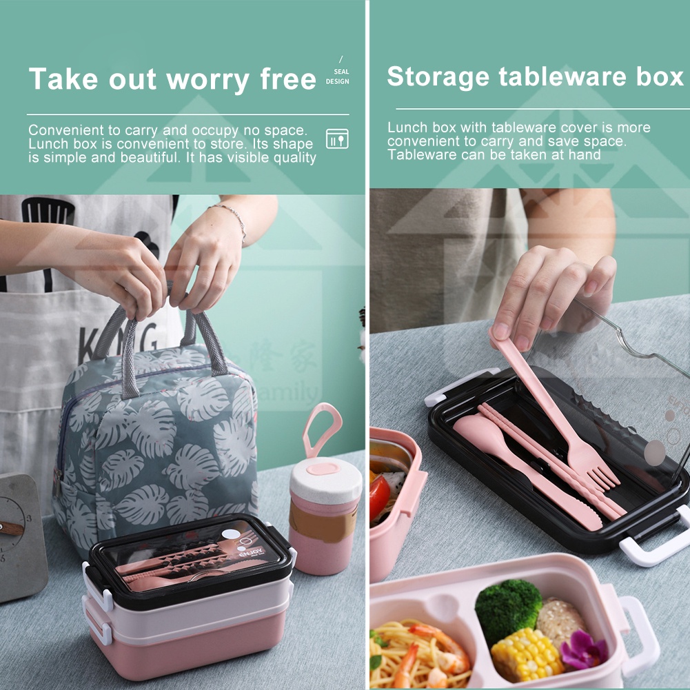 Lunch Box Leakproof Stainless Steel Picnic With Cutlery Adults Kids Double Layer