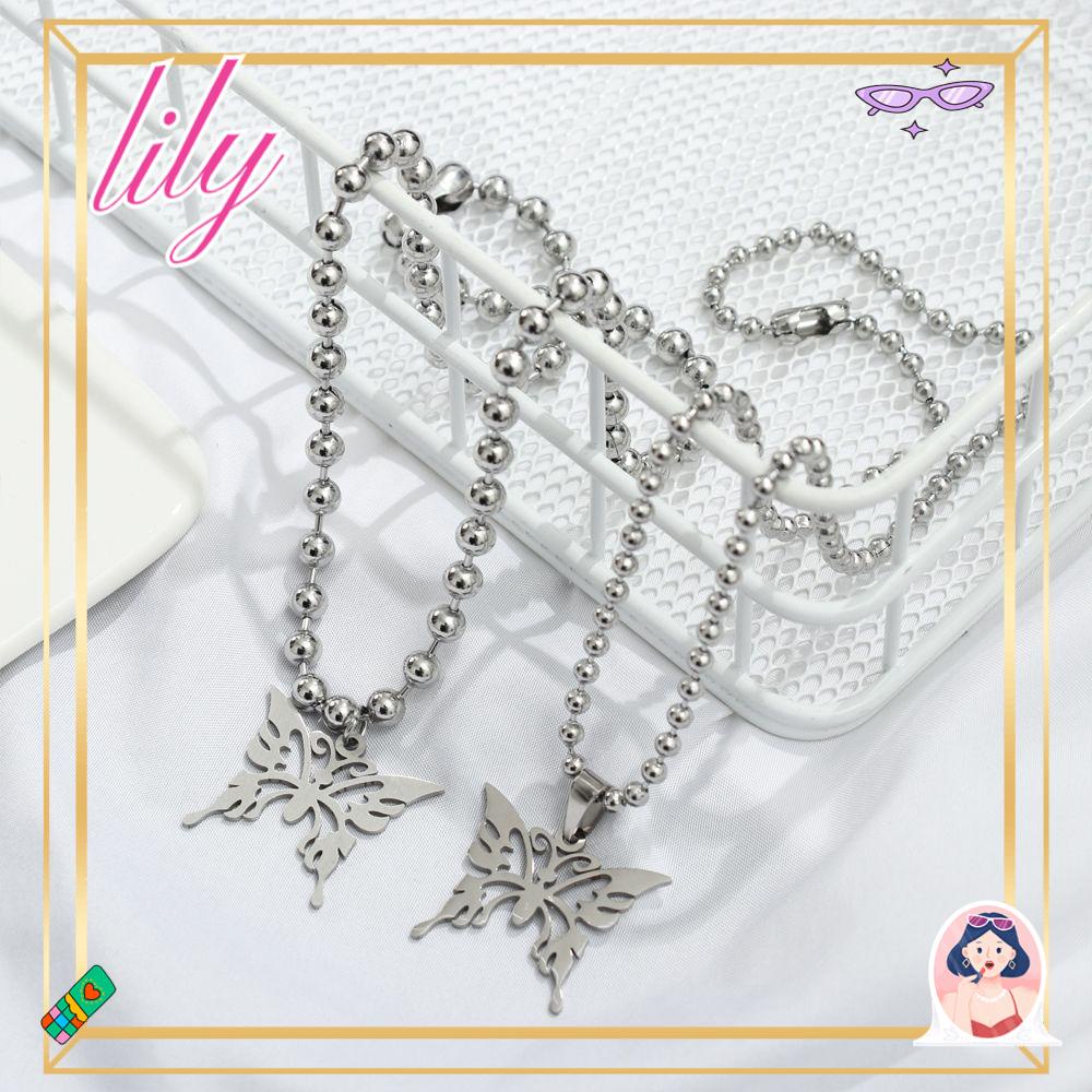 Lily Butterfly Pendant Kalung Fashion Stainless Steel Gothic Rock Boho Perhiasan Rantai Bola