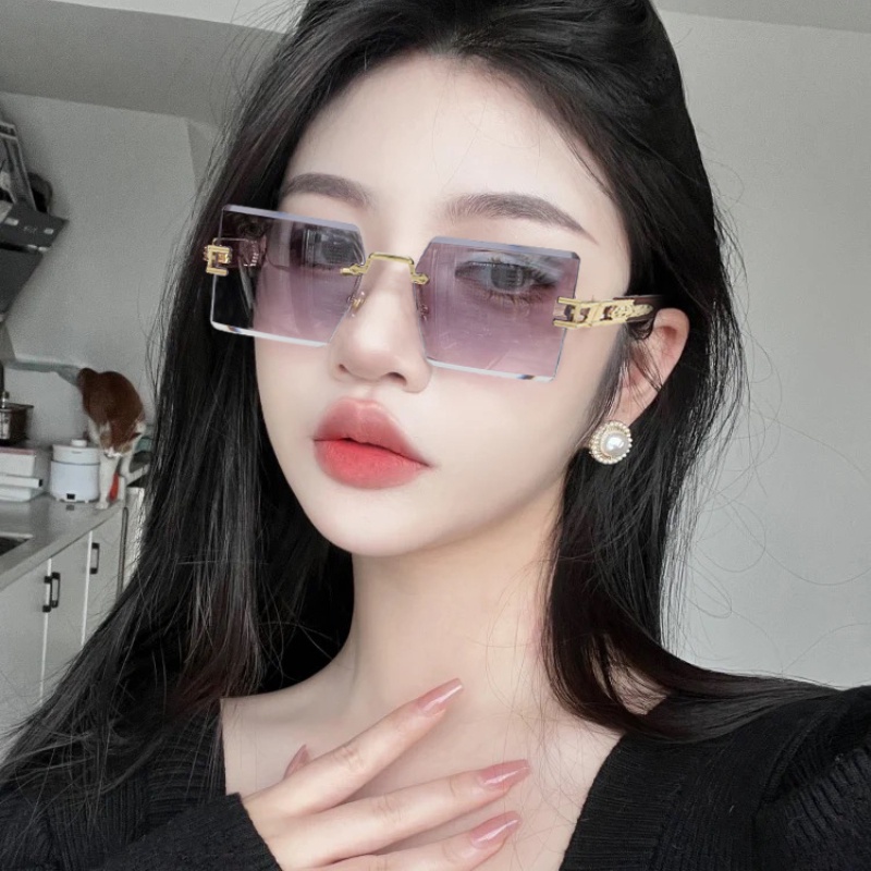 (YUZHU) Bingkai Persegi Serat Kayu Ltemple Kacamata Hitam Untuk Wanita Punk Fashion Metal Rimless Gradient Sunglasses