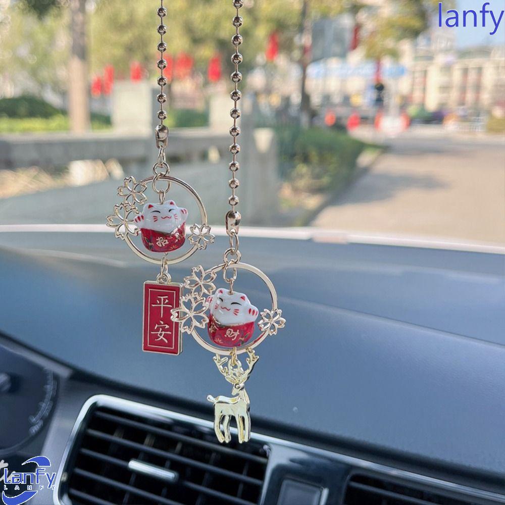 Lanfy Lucky Cat Liontin Lucu Kreatif Lucky Cat Kartun Kucing Keramik DIY Pernak Pernik Mobil Kaca Spion Dekorasi Kamar Mobil Dekorasi Auto Spion Pendant