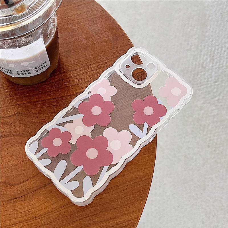 【INS Wave】Red Pink Flower Soft TPU Case HP iP iPhone 11 12 13 14 Pro Max 7 8 + Plus SE 2020 X XS XR Max Girl Woman Clear FTD Casing Apple